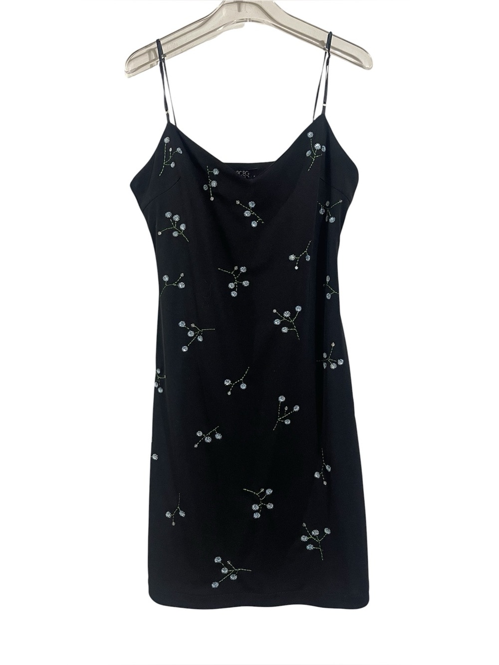 Y2K BCBG Maxazria Black Slip Dress with Dainty Floral Embroidery